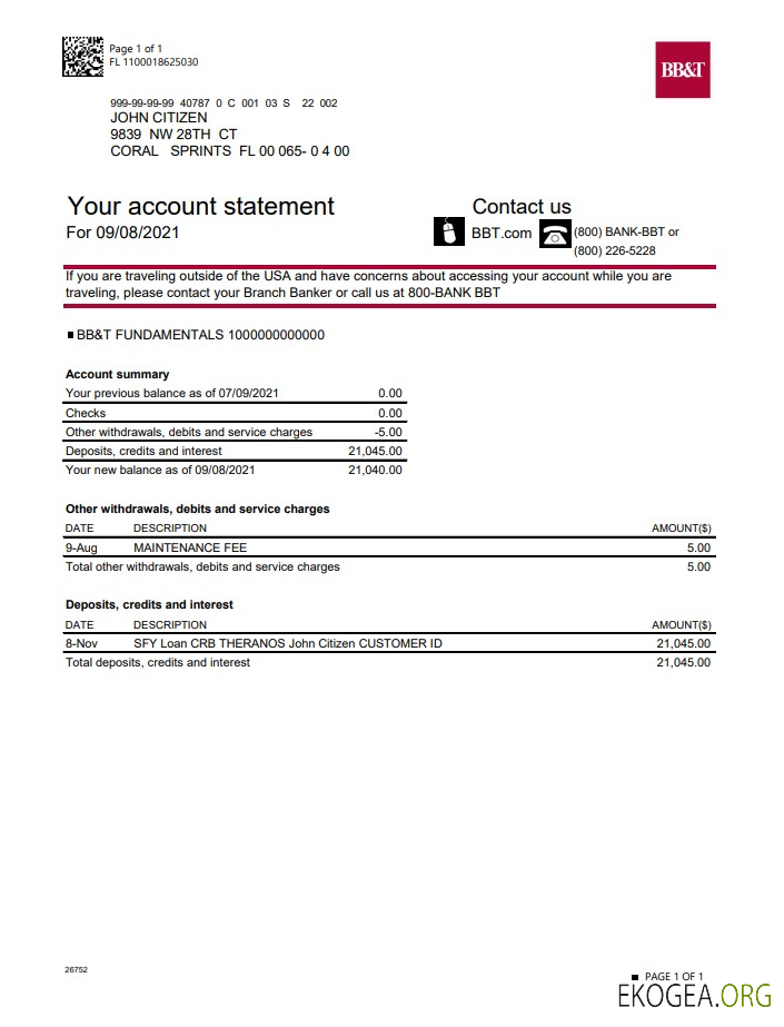 Modèle de relevé de compte bancaire USA Caroline du Nord BB&T Corp. au format Word et PDF